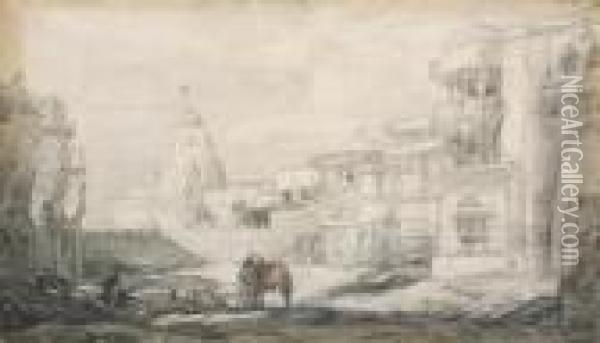 Hindoetempel: Arriving At The Palitana Temples, Gujarat,india Oil Painting - Marius Bauer