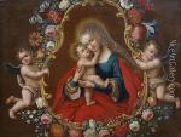 Madonna With Child Framed With A Garland Of Flowers Oil Painting - Lucas The Elder Cranach