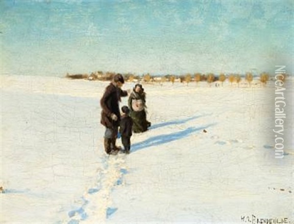 Sunny Winter Day With A Man, A Woman And A Little Boy In The Field On The Outskirts Of The Village Oil Painting - Hans Andersen Brendekilde