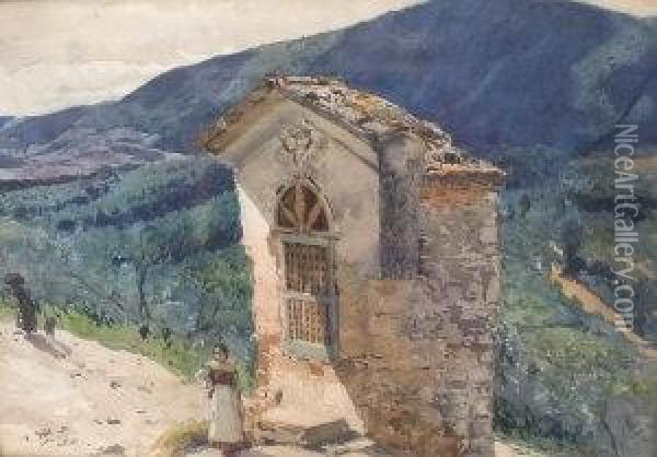 Girl Standing By A Hilltop Shrine Oil Painting - Pio Joris