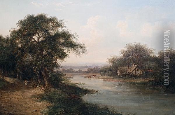 A Figure On A Path Beside A River, Cattle Watering In The Distance Oil Painting - Walter Williams