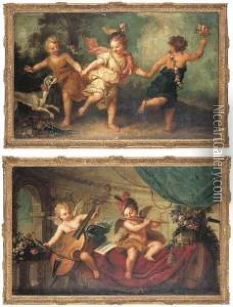 Three Putti Dancing With A Dog; And Two Putti Making Music In Apalatial Interior Oil Painting - Jean-Baptiste Santerre