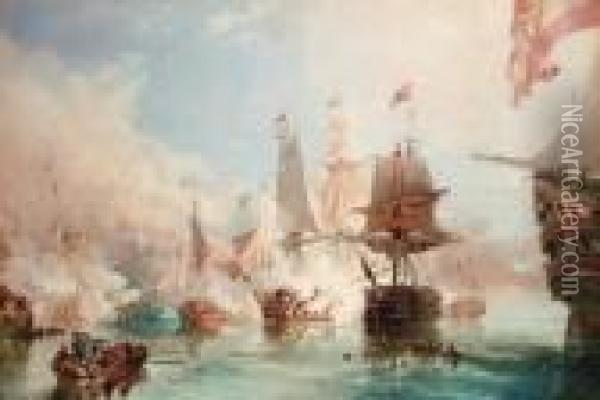 The Opening Encounter At 
Trafalgar: H.m.s. Royal Sovereign Engagingthe Spanish Flagship Santa Ana Oil Painting - William Collingwood Smith