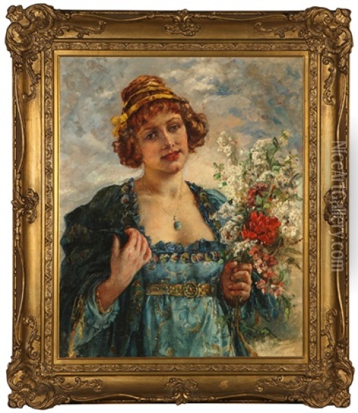 Portrait Of A Woman Holding Flowers Oil Painting - Maria (Philips-Weber) Weber