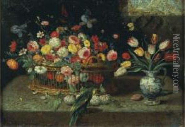 Nature Morte Aux Panier, Vase De Fleurs Et Perroquet Sur Un Entablement Oil Painting - Jan Iii Van Kessel