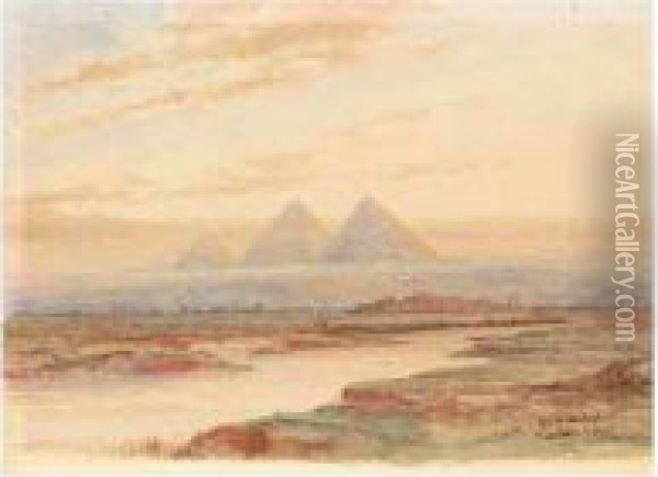 Pyramids At Gizeh And Arab Village Oil Painting - Frederick James Aldridge
