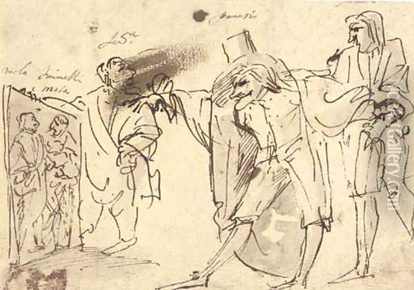 A caricature of the artist presenting a picture of himself and Simonelli to the collector Panesio and another spectator Oil Painting - Pier Francesco Mola