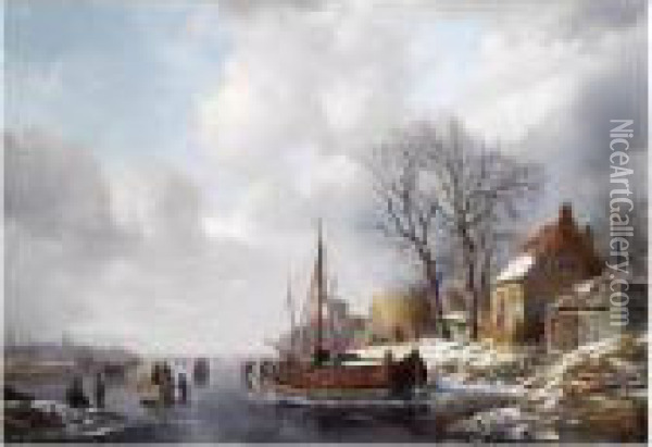 A Winter Landscape Oil Painting - Andreas Schelfhout