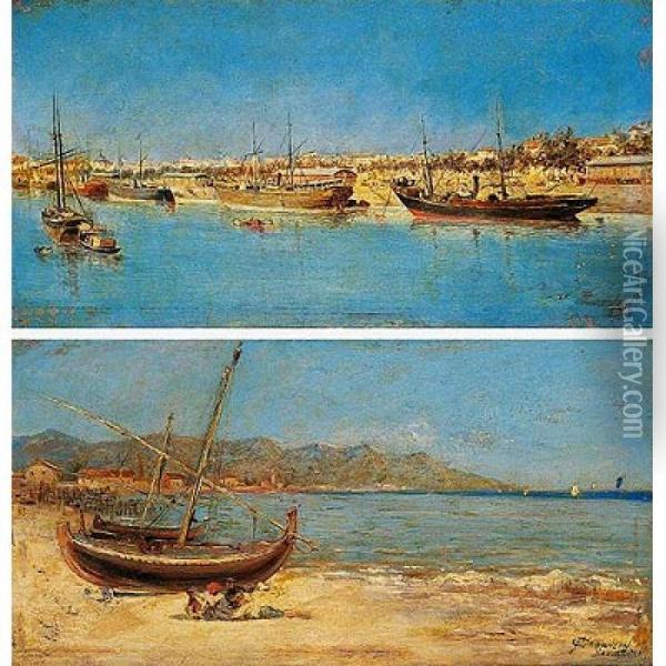 Barcos En Un Puerto Oil Painting - Francisco Cabanzon Hernandez