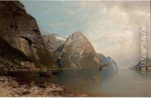 Mountainous Lake Landscape With Fishermen Oil Painting - Karl Julius Rose