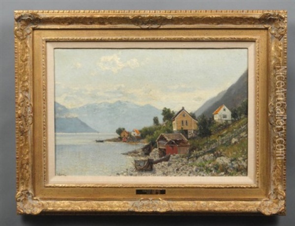 Lake And Mountains Landscape With Watermill Houses Oil Painting - Walter Moras