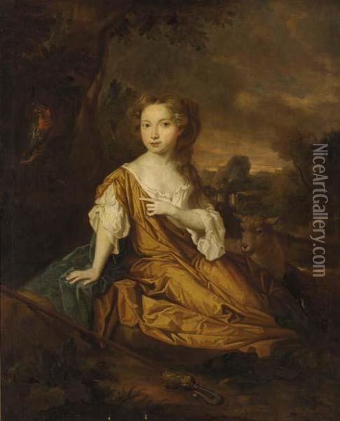 Portrait Of Miss Pearl Of 
Aconbury, Full-length, In A Yellow And White Dress, As A Shepherdess, In
 A Landscape Oil Painting - Sir Peter Lely