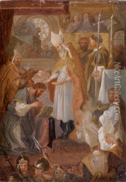 Saint Remy Donnant L'onction A Clovis Oil Painting - Sebastien Bourdon