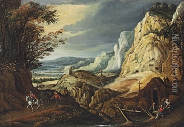 An Extensive Landscape With Travellers On A Path Oil Painting - Joos de Momper the Younger
