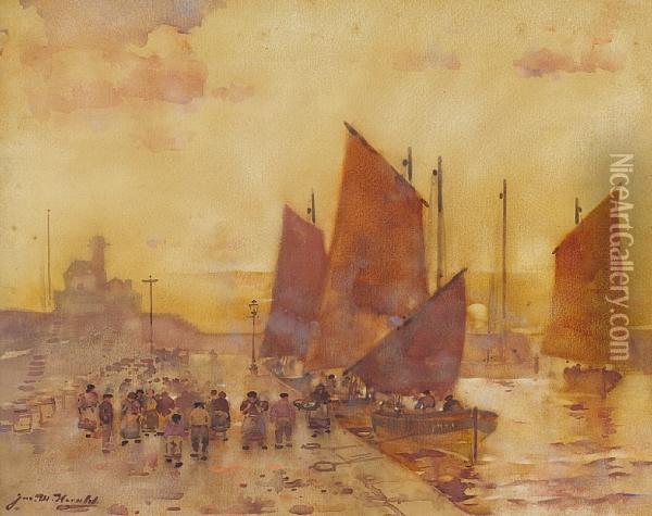 On The Quay, Arbroath Oil Painting - James Watterston Herald