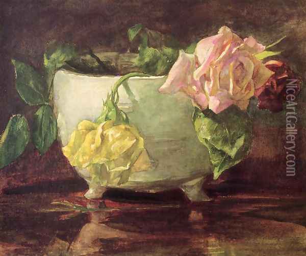 Roses In Old Chinese Bowl Oil Painting - John La Farge