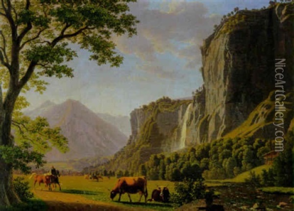 Das Lauterbrunnental Oil Painting - Johann Jakob Biedermann