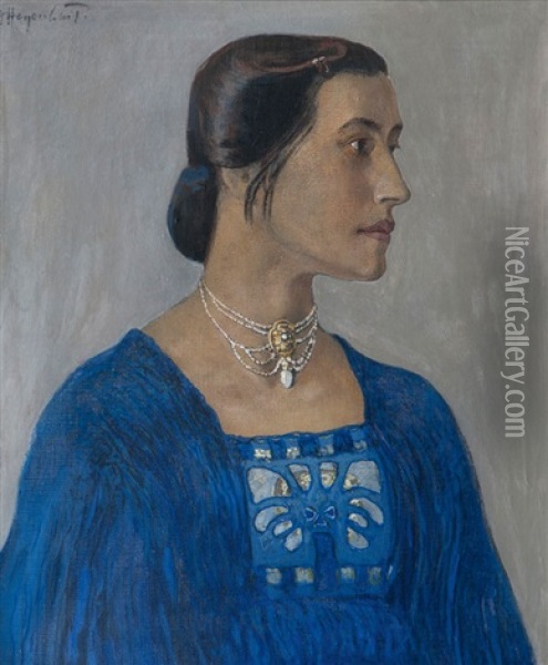 Portrait Einer Dame In Blau Oil Painting - Fritz Hegenbarth