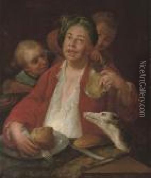 A Laughing Man Dining At A Table, With A Greyhound And Servants Oil Painting - William Hogarth