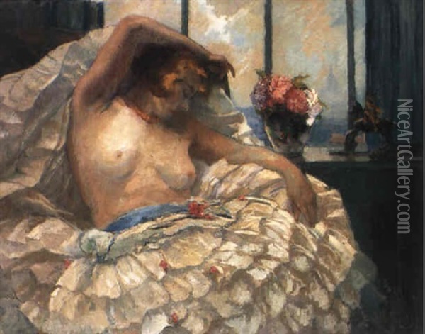 Nu A La Robe Fleurie Oil Painting - Elie Anatole Pavil
