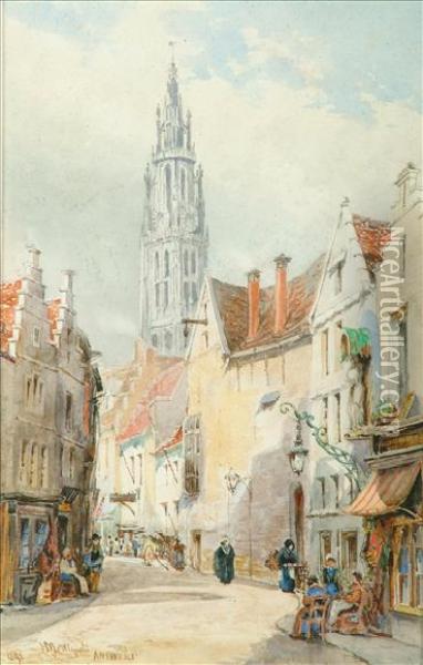 Astreet Scene In Antwerp Belgium Oil Painting - Hubert James Medlycott