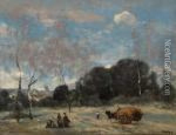 La Rentre Des Foins Marcoussis Oil Painting - Jean-Baptiste-Camille Corot