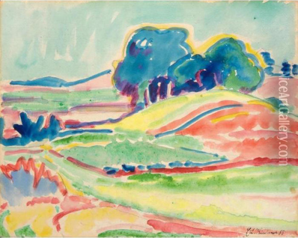 Hugellandschaft Mit Baumen Bei 
Dresden (landscape With Hills And Trees Near Dresden) - Recto Frau Im 
Tub (woman In A Tub) - Verso Oil Painting - Ernst Ludwig Kirchner