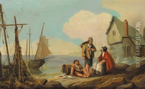 Coastal Scene With A Fisherman And His Family Oil Painting - Richard Parkes Bonington