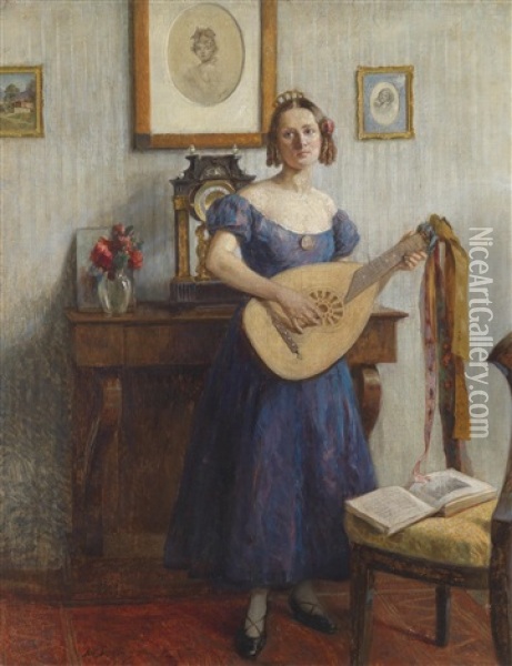 Musizierende Junge Dame Oil Painting - Robert Scheffer