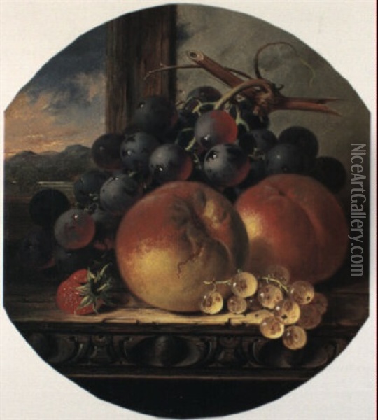 Black Grapes, Peaches, A Strawberry And White Currants On A Wooden Ledge Oil Painting - Edward Ladell