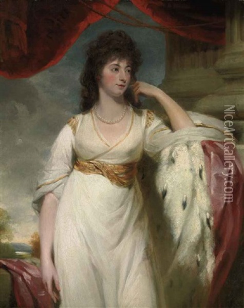 Portrait Of A Lady (hyacinthe, Marchioness Of Wellesley?)  In A White Dress With An Ermine-lined Cloak, By A Column Oil Painting - Sir John Hoppner