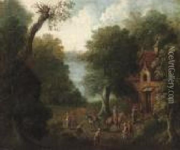 A Wooded River Landscape With Figures By A Cottage Oil Painting - Peeter Bout