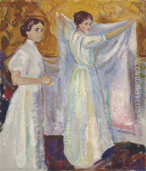 Nurses Holding A Sheet (sykepleiersker Med Laken) Oil Painting - Edvard Munch