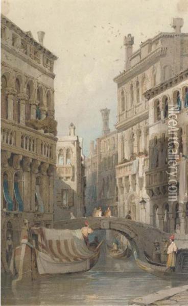 On A Venetian Backwater; And Figures On A Continental Street Oil Painting - Samuel Prout