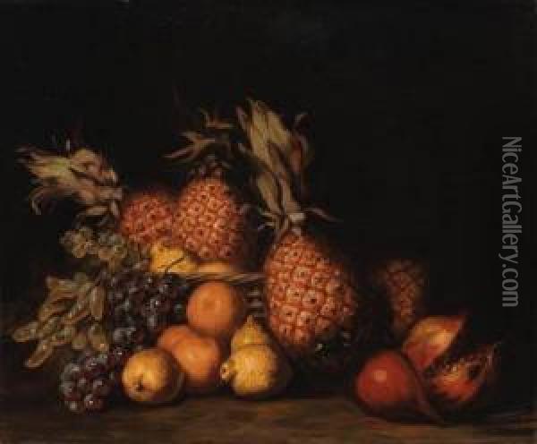 Pomegranate, Grapes And Pineapples Oil Painting - Charles Bird King