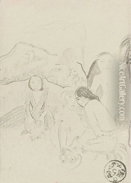 Deux Tahitiennes Avec Idoles Oil Painting - Paul Gauguin
