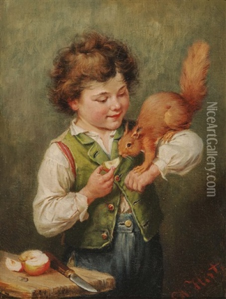 Boy With Squirrel Oil Painting - Heinrich Hirt