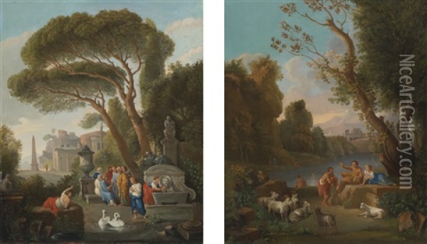 Italianate Landscapes With Classical Figures And Herders Beside Fountain (pair) Oil Painting - Jan Frans van Bloemen