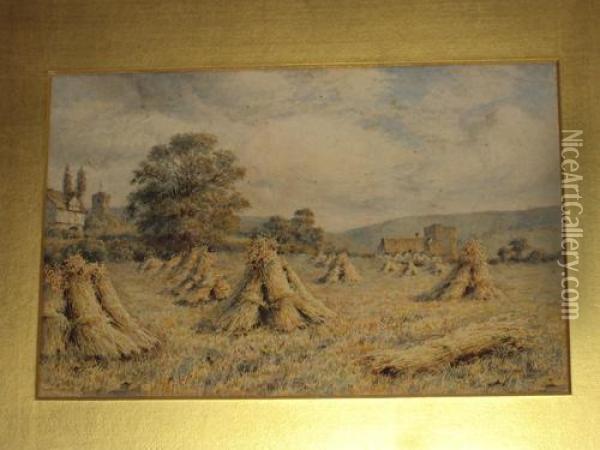 Harvest Landscape With Cornstooks In A Field By A Village Oil Painting - Wilmot Clifford Pilsbury