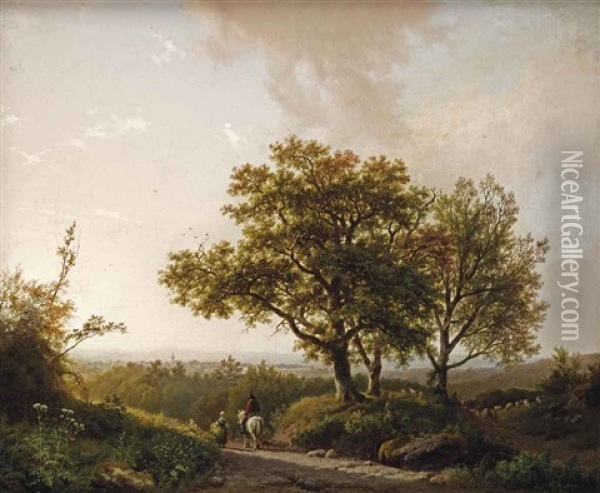 An Extensive Landscape With Travellers On A Sunlit Path, A View Of Nijmegen Beyond Oil Painting - Barend Cornelis Koekkoek