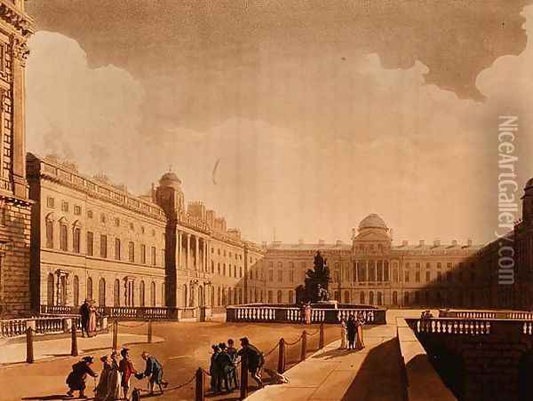 Somerset House, the Strand from Ackermanns Microcosm of London Vol III, Published in 1809 Oil Painting - Thomas Rowlandson