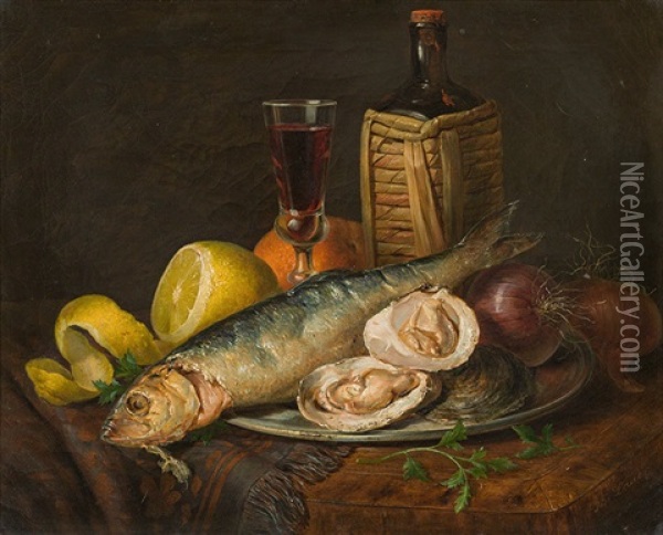 Still Life With Fish And Oysters Oil Painting - Josef Lauer