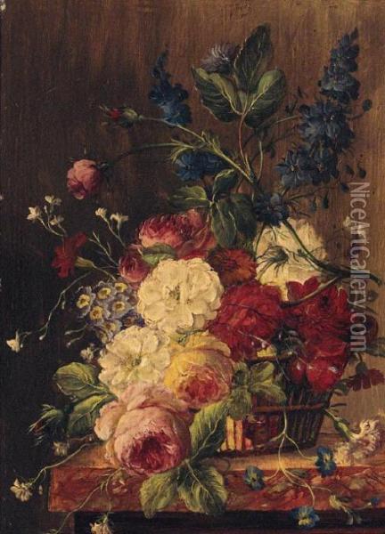 Roses And Other Summer Flowers In A Basket On A Ledge Oil Painting - Georgius Jacobus J. Van Os