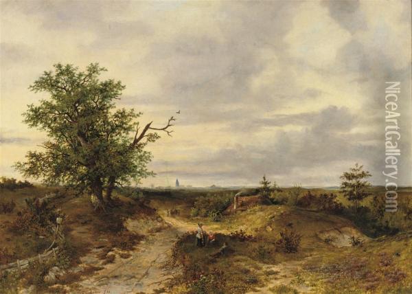 Villagers In An Extensive Summer Landscape Oil Painting - Johannes Philippus Galjaard