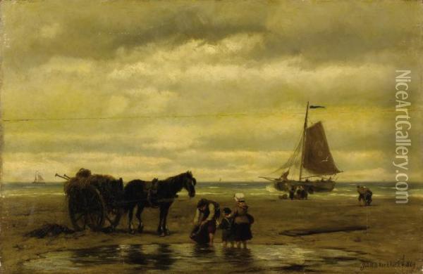 Seaweed Gatherers Oil Painting - Johannes Hermann Barend Koekkoek