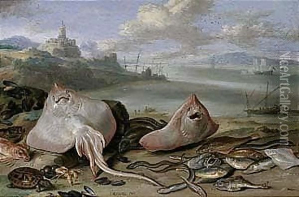 A Beach Scene With Rays, Eels, A Hermit Crab, Red Mullet, A Tortoise, And Other Fish Oil Painting - Jan van Kessel