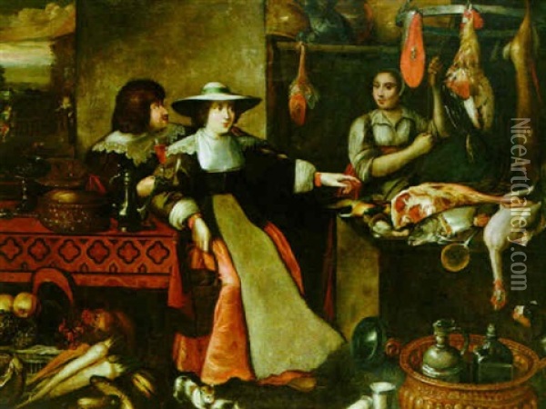 A Kitchen Interior With A Couple Seated At A Table, And A Kitchen Maid With A Still Life Of Poultry And Meat Oil Painting - Jean-Baptist de Saive