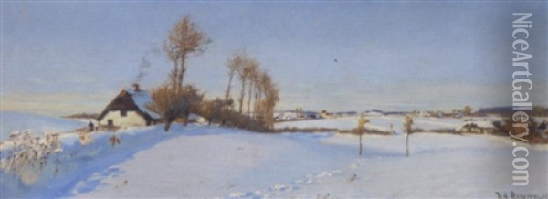 Hvidkalket Bondehus I Solbeskinnet Vinterlandskab Oil Painting - Hans Andersen Brendekilde