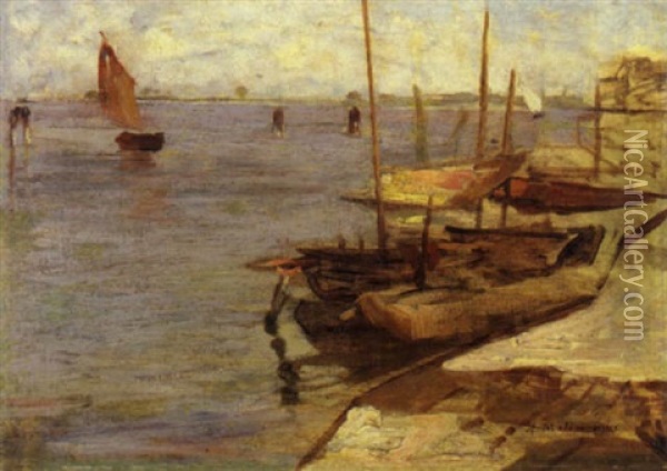 Venezia, Barche In Laguna Oil Painting - Alessandro Milesi