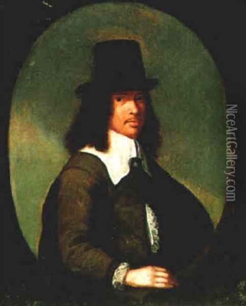 Portrait Of A Gentleman, Half Length, Wearing A Black Hat Oil Painting - Christoffel Jacobsz. Van Der Lamen